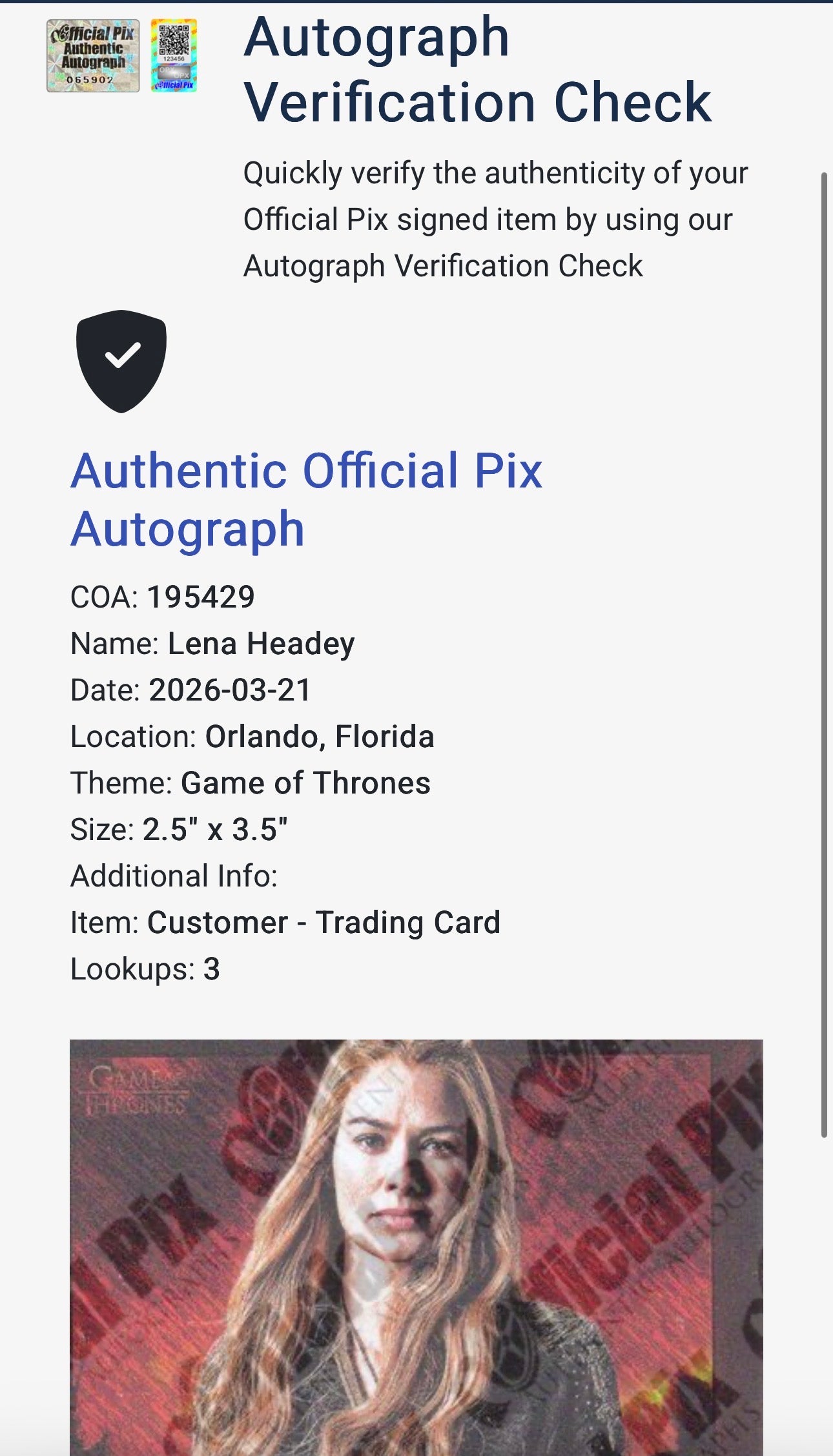 Lena Headey Autograph - Game of Thrones - CoA with Photo Match - 4 Editions